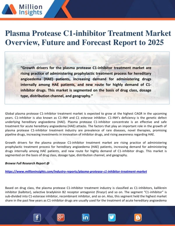 Plasma Protease C1-inhibitor Treatment Market Overview, Future and Forecast Report to 2025