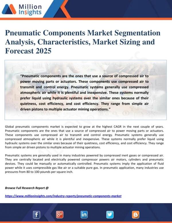 Pneumatic Components Market Segmentation Analysis, Characteristics, Market Sizing and Forecast 2025