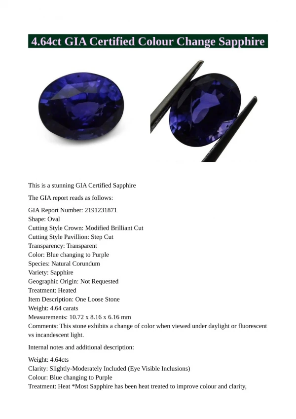 4.64ct GIA Certified Colour Change Sapphire