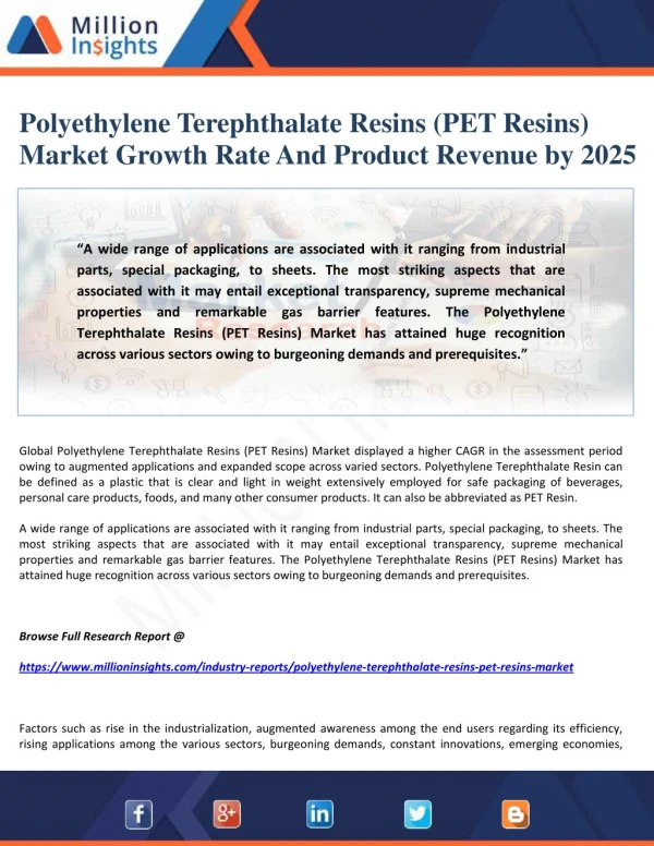 Polyethylene Terephthalate Resins (PET Resins) Market Growth Rate And Product Revenue by 2025Global Polyethylene Terepht
