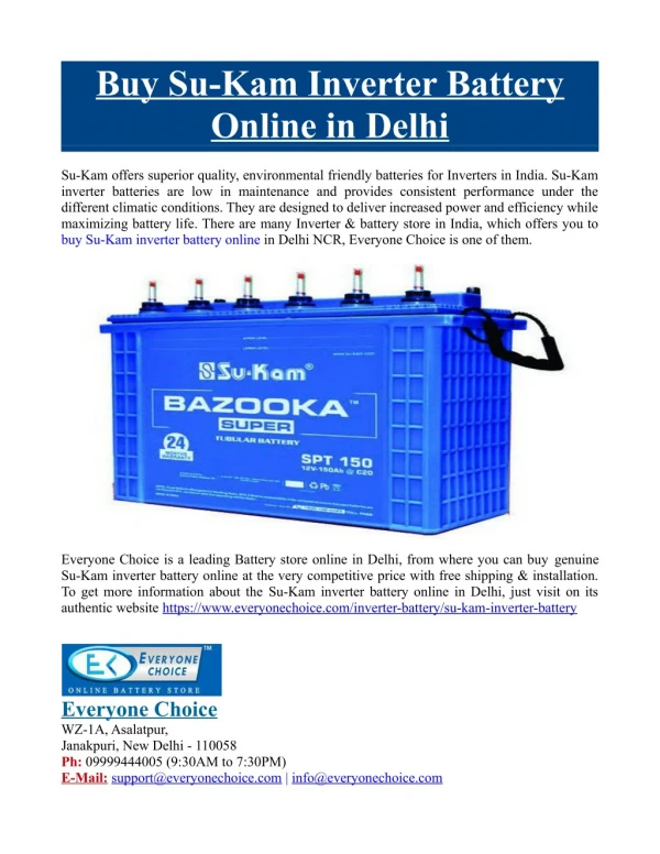 Buy Su-Kam Inverter Battery Online in Delhi