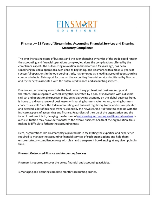 Finsmart — 11 Years of Streamlining Accounting Financial Services and Ensuring Statutory Compliance