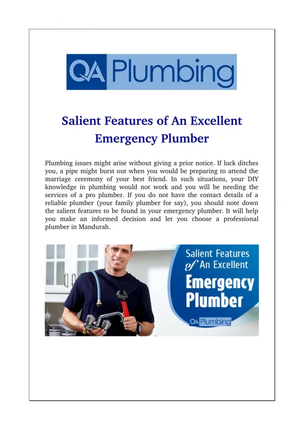 Salient Features of An Excellent Emergency Plumber
