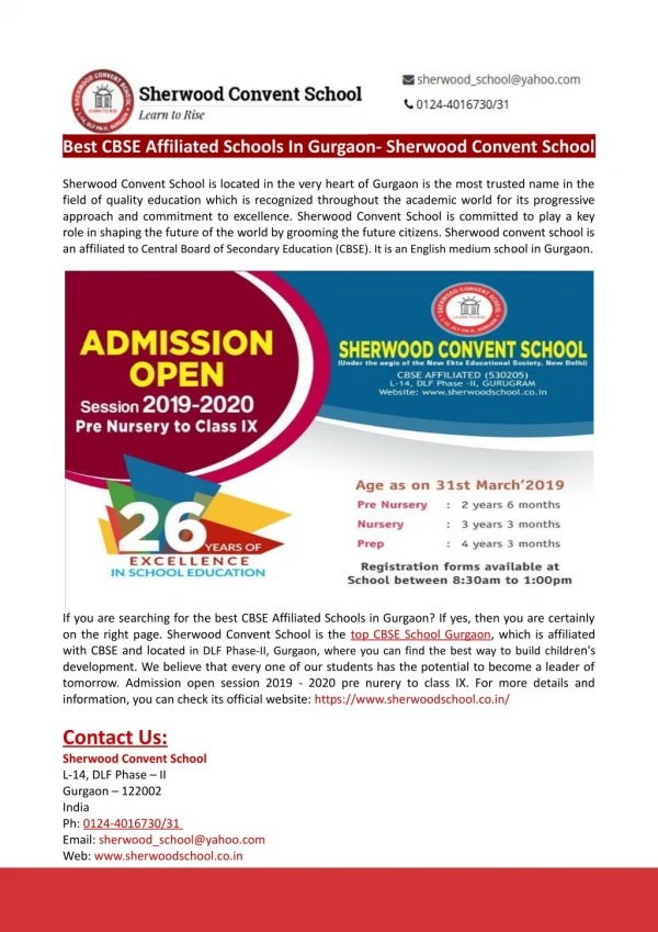 Best CBSE Affiliated Schools in Gurgaon-Sherwood Convent School