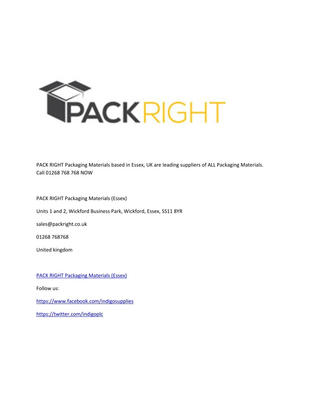 pack right packaging materials based in essex