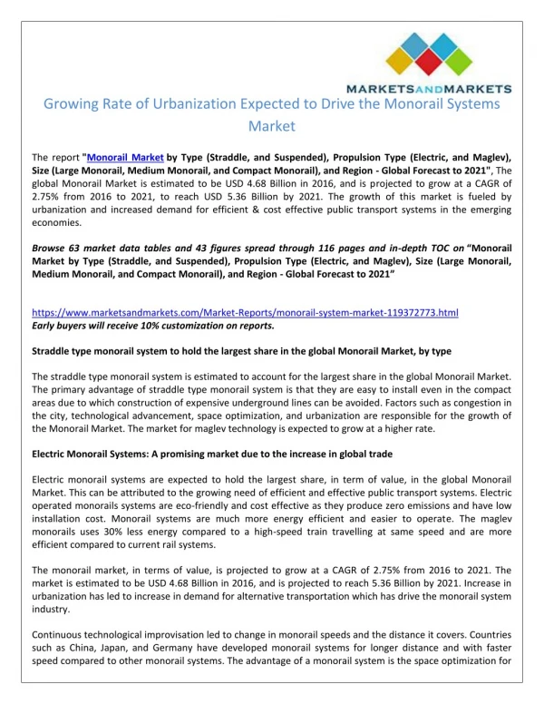 Urbanization is Driving the Growth of the Suspended Monorail Systems Market