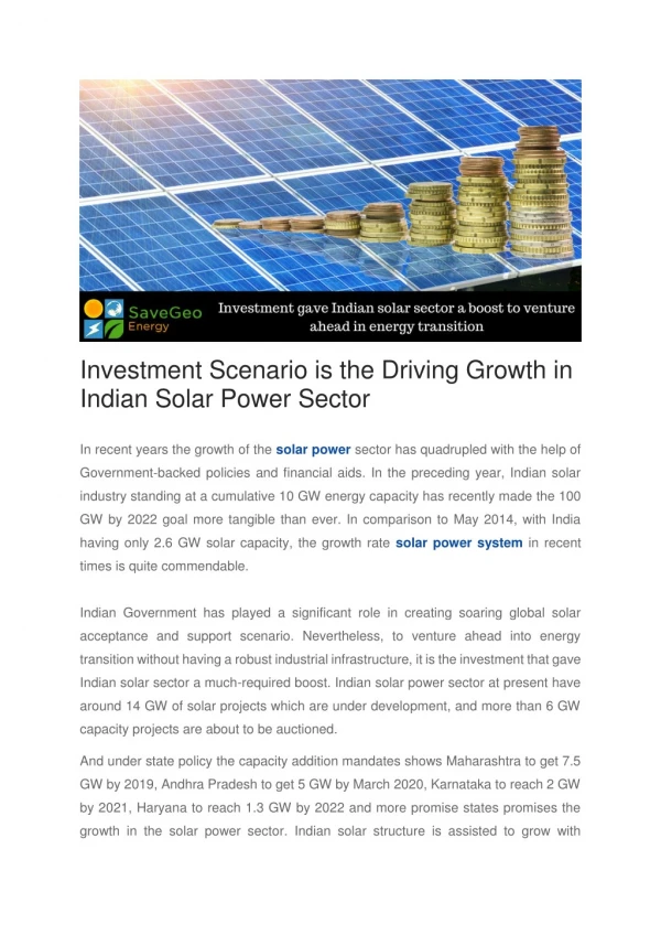 Investment Scenario is the Driving Growth in Indian Solar Power Sector