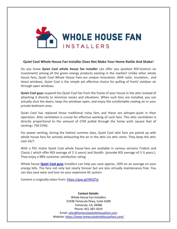 Quiet Cool Whole House Fan Installer Does Not Make Your Home Rattle And Shake!