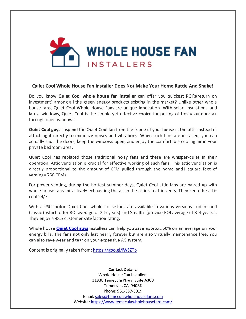 quiet cool whole house fan installer does