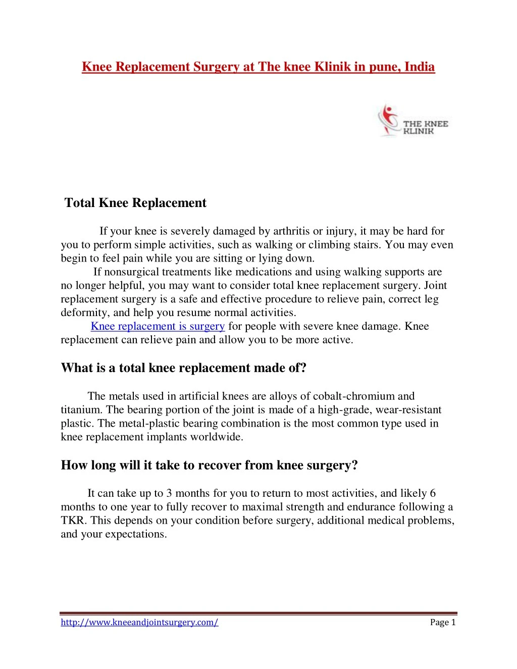 knee replacement surgery at the knee klinik