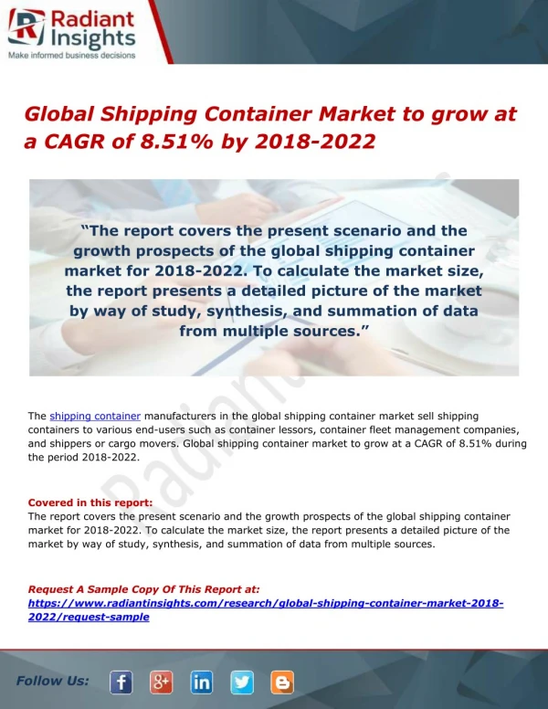 Global Shipping Container Market to grow at a CAGR of 8.51% by 2018-2022