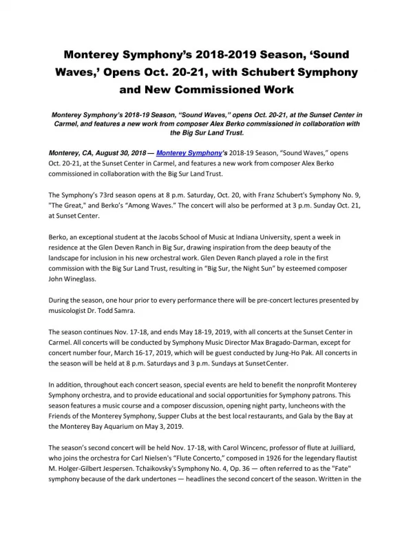 Monterey Symphony’s 2018-2019 Season, ‘Sound Waves,’ Opens Oct. 20-21, with Schubert Symphony and New Commissioned
