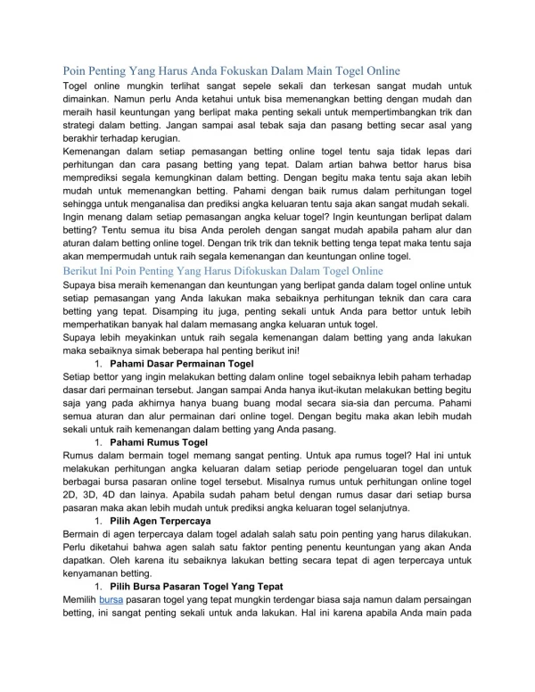 poin penting yang harus anda fokuskan dalam main