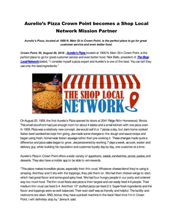 Aurelio’s Pizza Crown Point becomes a Shop Local Network Mission Partner