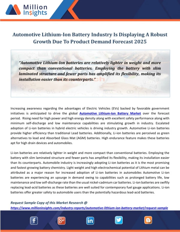 Automotive Lithium-Ion Battery Industry Is Displaying A Robust Growth Due To Product Demand Forecast 2025