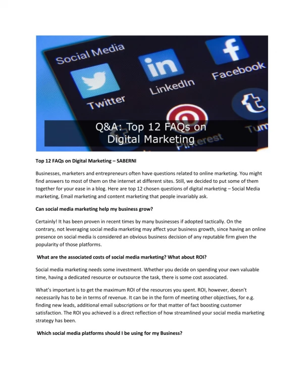 Top 12 FAQs on Digital Marketing – SABERNI