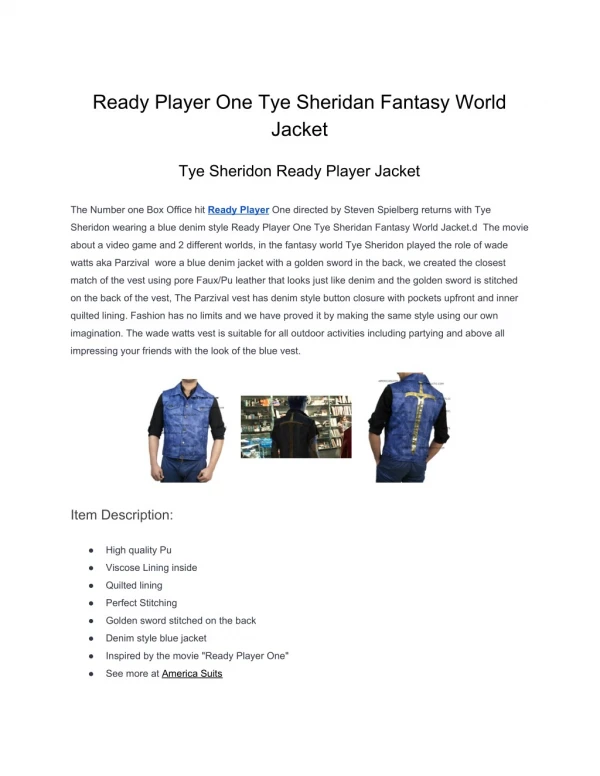Ready Player One Tye Sheridan Fantasy World Jacket