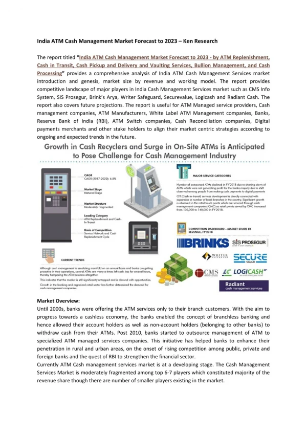 Revenue ATM Cash Management, ATM Security Market India-Ken Research