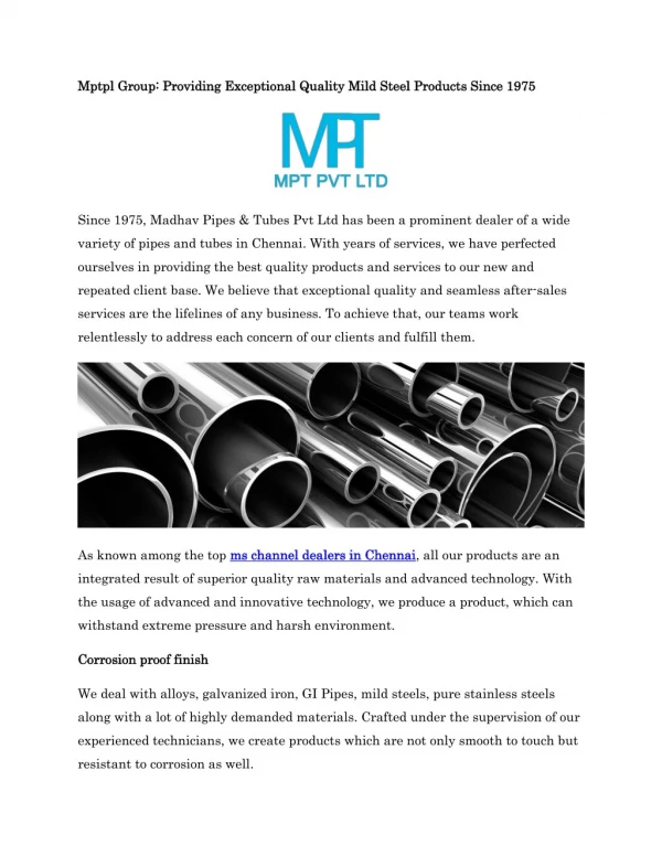 Mptpl Group: Providing Exceptional Quality Mild Steel Products Since 1975