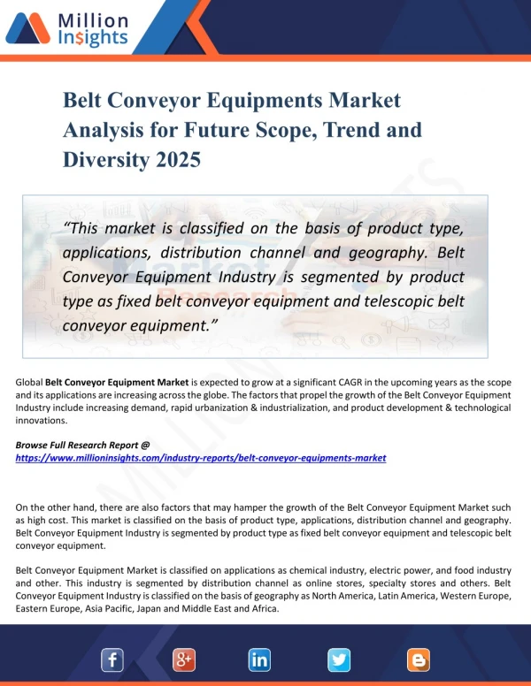 Belt Conveyor Equipments Market Size, Growth, Analysis, Applications, Opportunities, and Forecasts to 2025