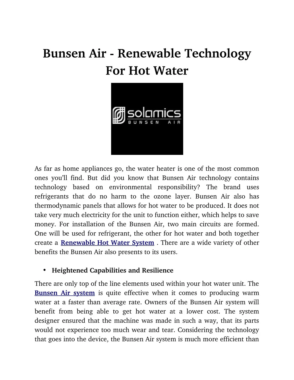 bunsen air renewable technology for hot water