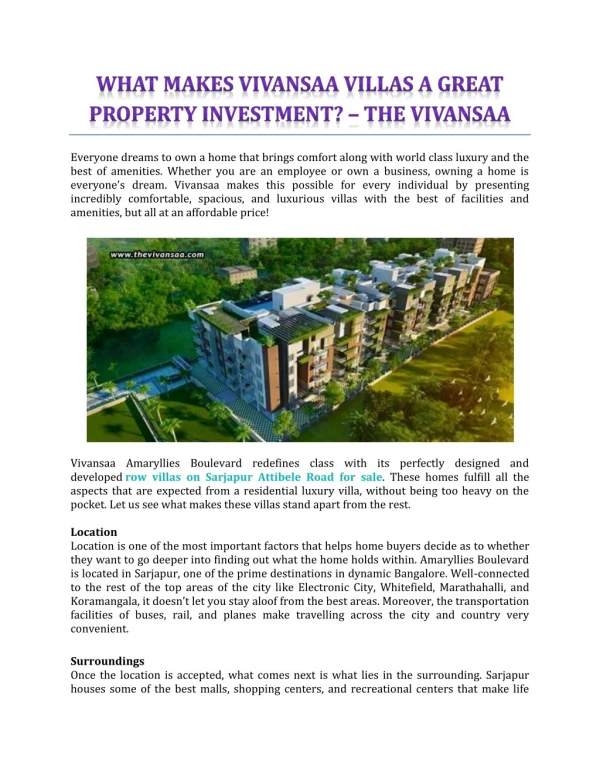 What Makes Vivansaa Villas A Great Property Investment? - The Vivansaa