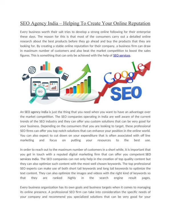 SEO Agency India – Helping To Create Your Online Reputation