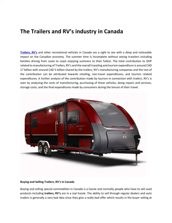 The Trailers and RV’s industry in Canada
