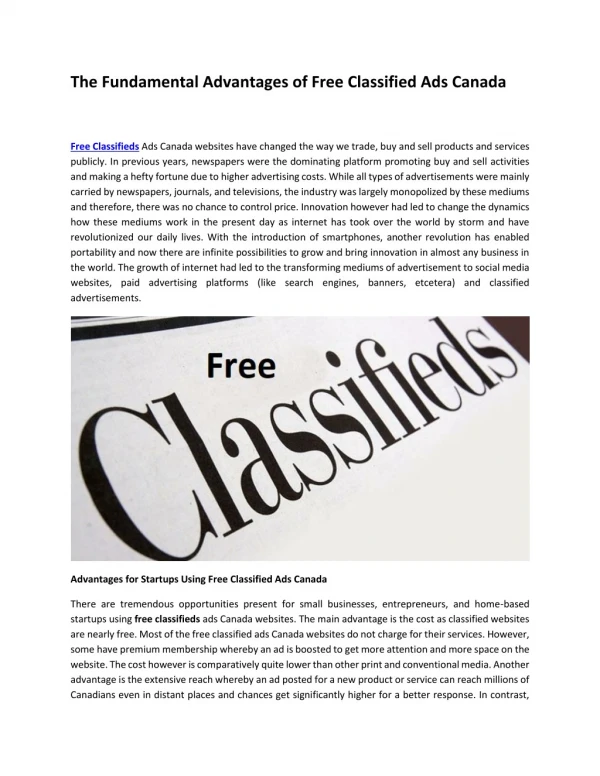 The Fundamental Advantages of Free Classified Ads Canada