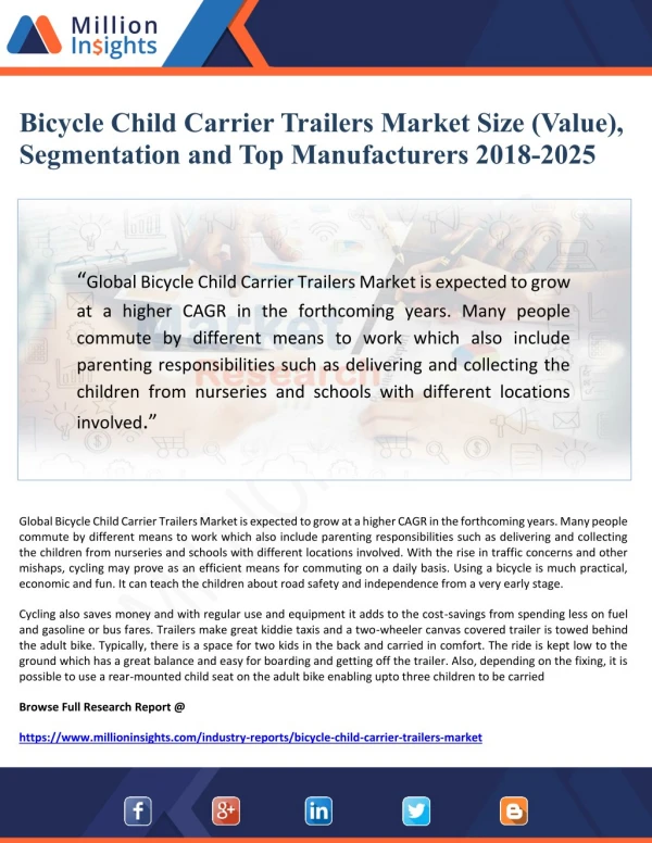 Bicycle Child Carrier Trailers Market Size (Value), Segmentation and Top Manufacturers 2018-2025