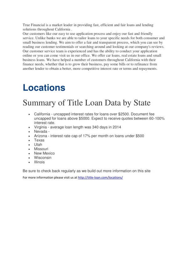 Title Loan Data by State