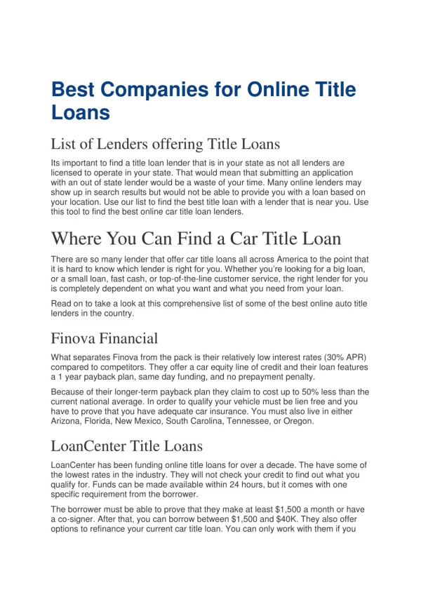 Best Companies for Online Title Loans