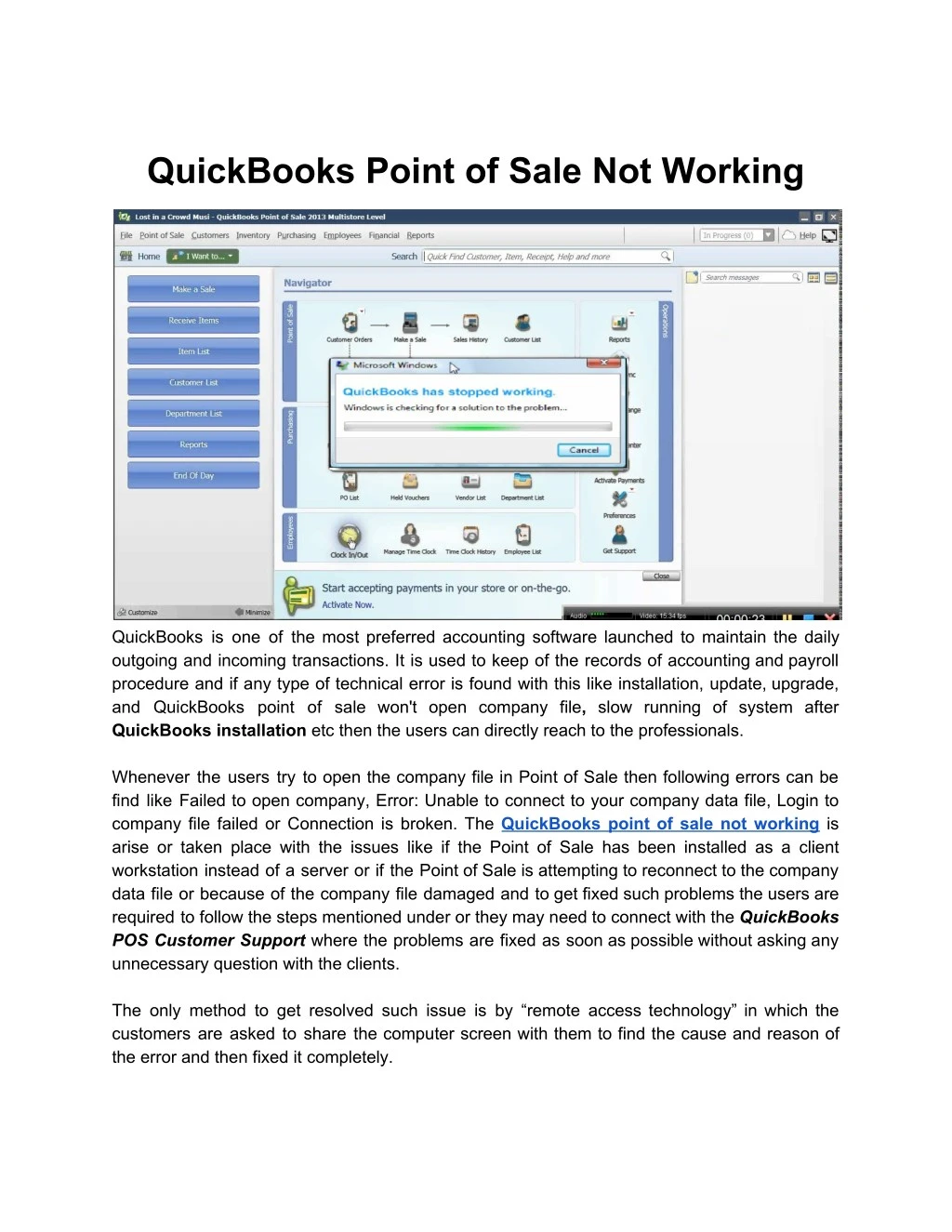 quickbooks point of sale not working