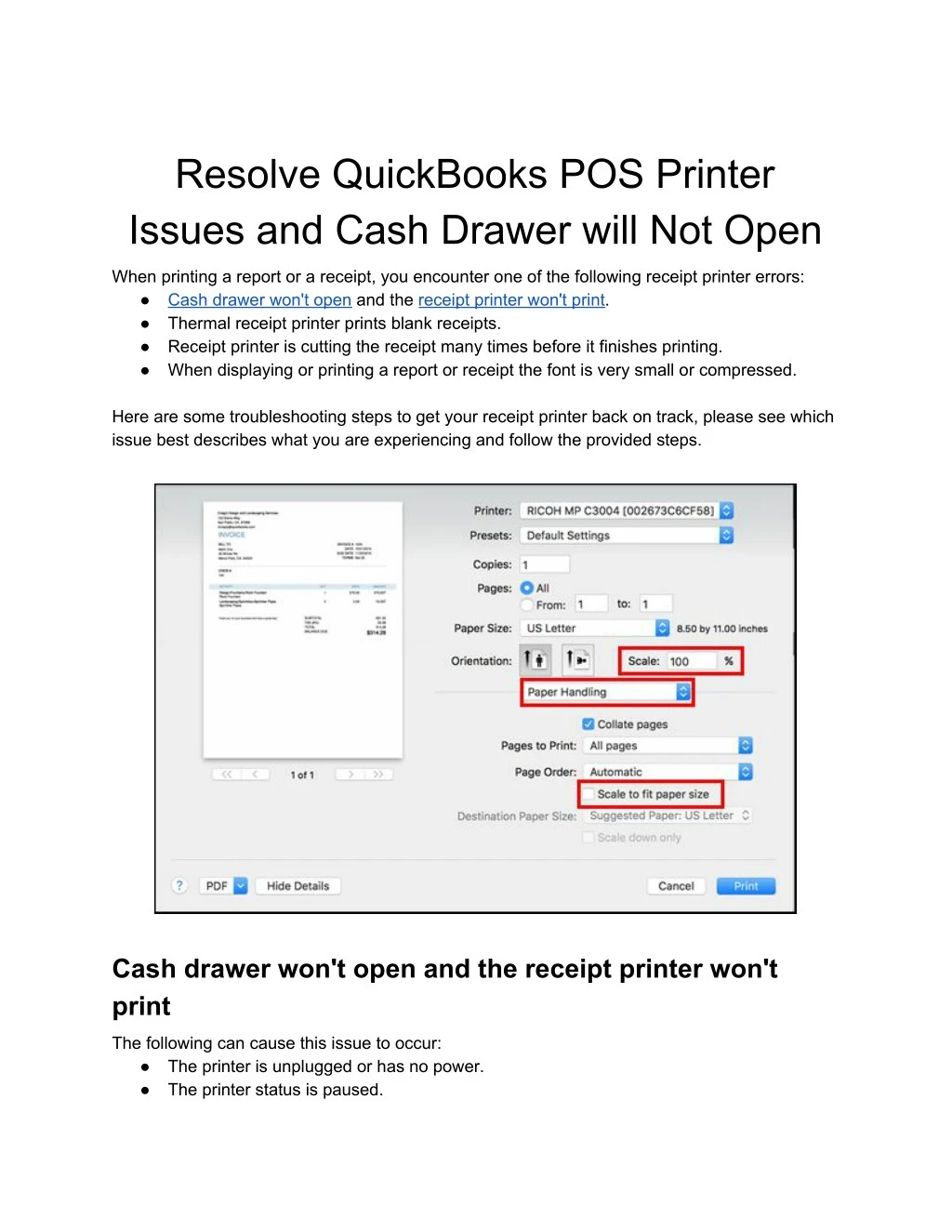 resolve quickbooks pos printer issues and cash