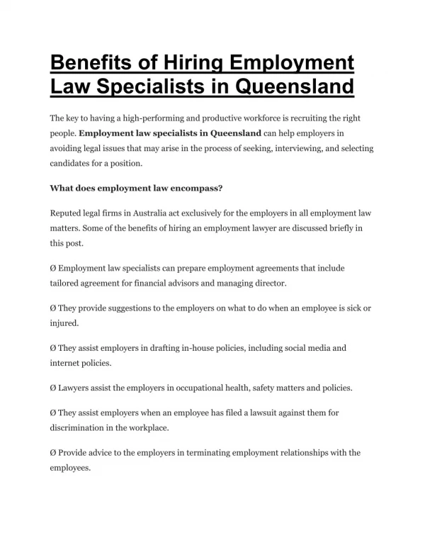 Benefits of Hiring Employment Law Specialists in Queensland