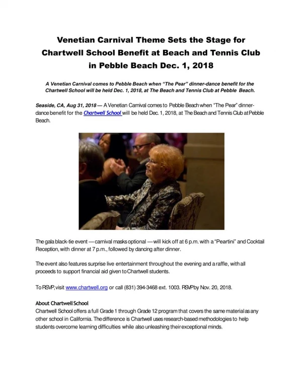 Venetian Carnival Theme Sets the Stage for Chartwell School Benefit at Beach and Tennis Club in Pebble Beach Dec. 1, 201