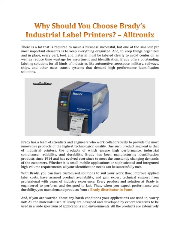 Why Should You Choose Brady’s Industrial Label Printers? - Alltronix
