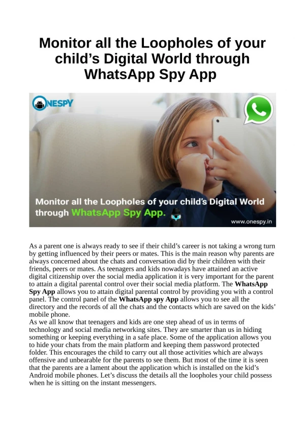 Monitor all the Loopholes of your child’s Digital World through WhatsApp Spy App