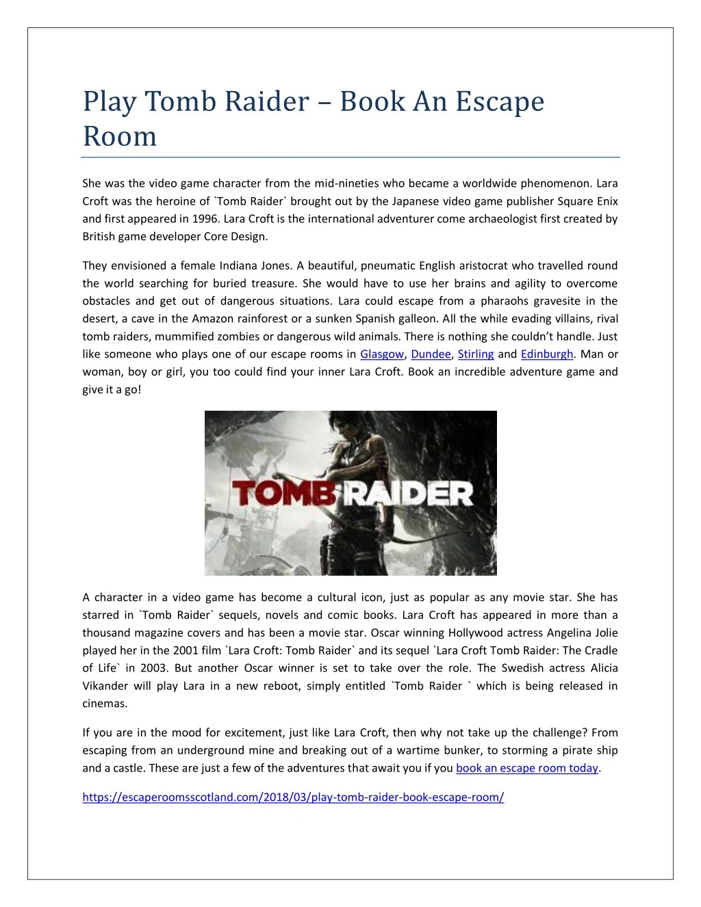 play tomb raider book an escape room