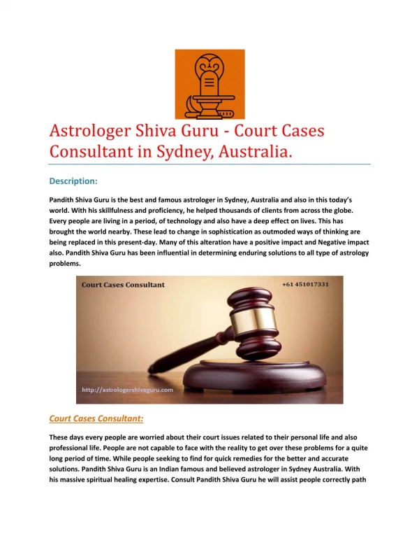 Astrologer Shiva Guru - Court Cases Consultant in Sydney, Australia.