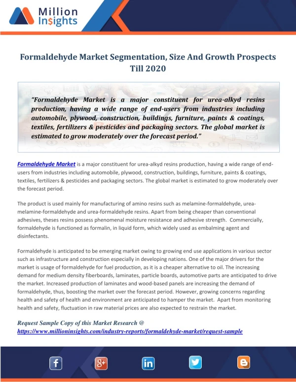 Formaldehyde Market Segmentation, Size And Growth Prospects Till 2020