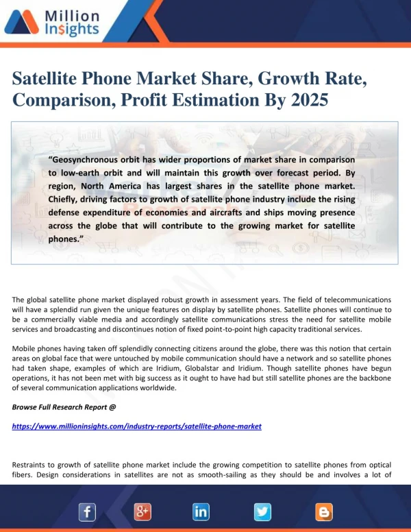 Satellite Phone Market Share, Growth Rate, Comparison, Profit Estimation By 2025