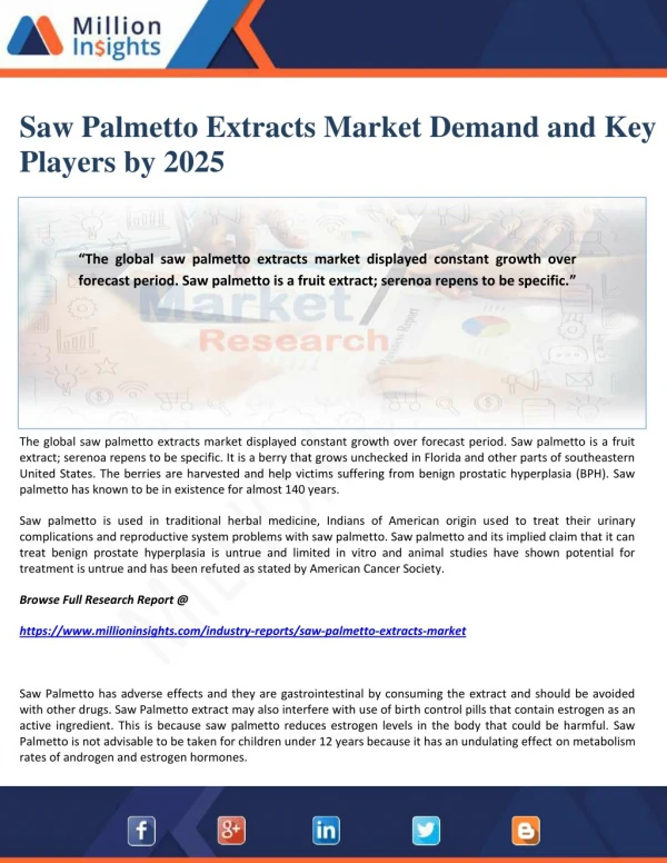 Saw Palmetto Extracts Market Demand and Key Players by 2025