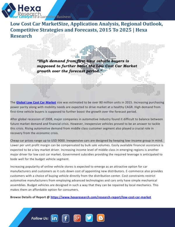 Low Cost Car Industry Analysis Report, 2015-2025 | Hexa Research