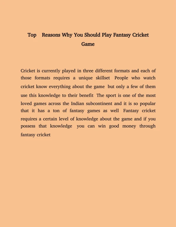 Top 5 Reasons Why You Should Play Fantasy Cricket Game