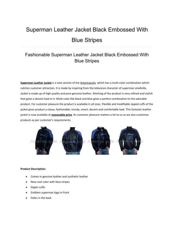 Superman Leather Jacket Black Embossed With Blue Stripes