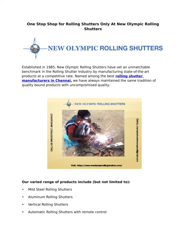 One Stop Shop for Rolling Shutters Only At New Olympic Rolling Shutters