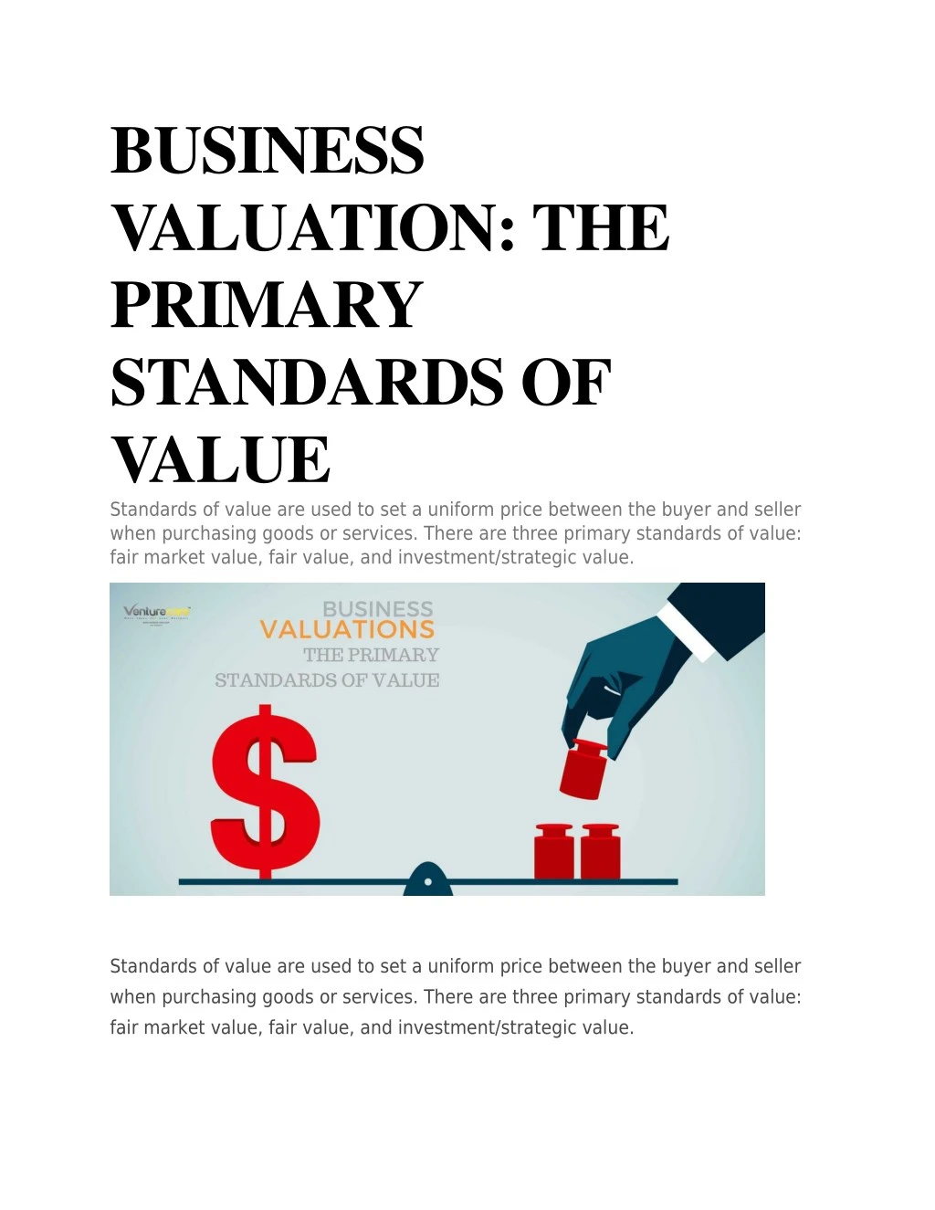 business valuation the primary standards of value