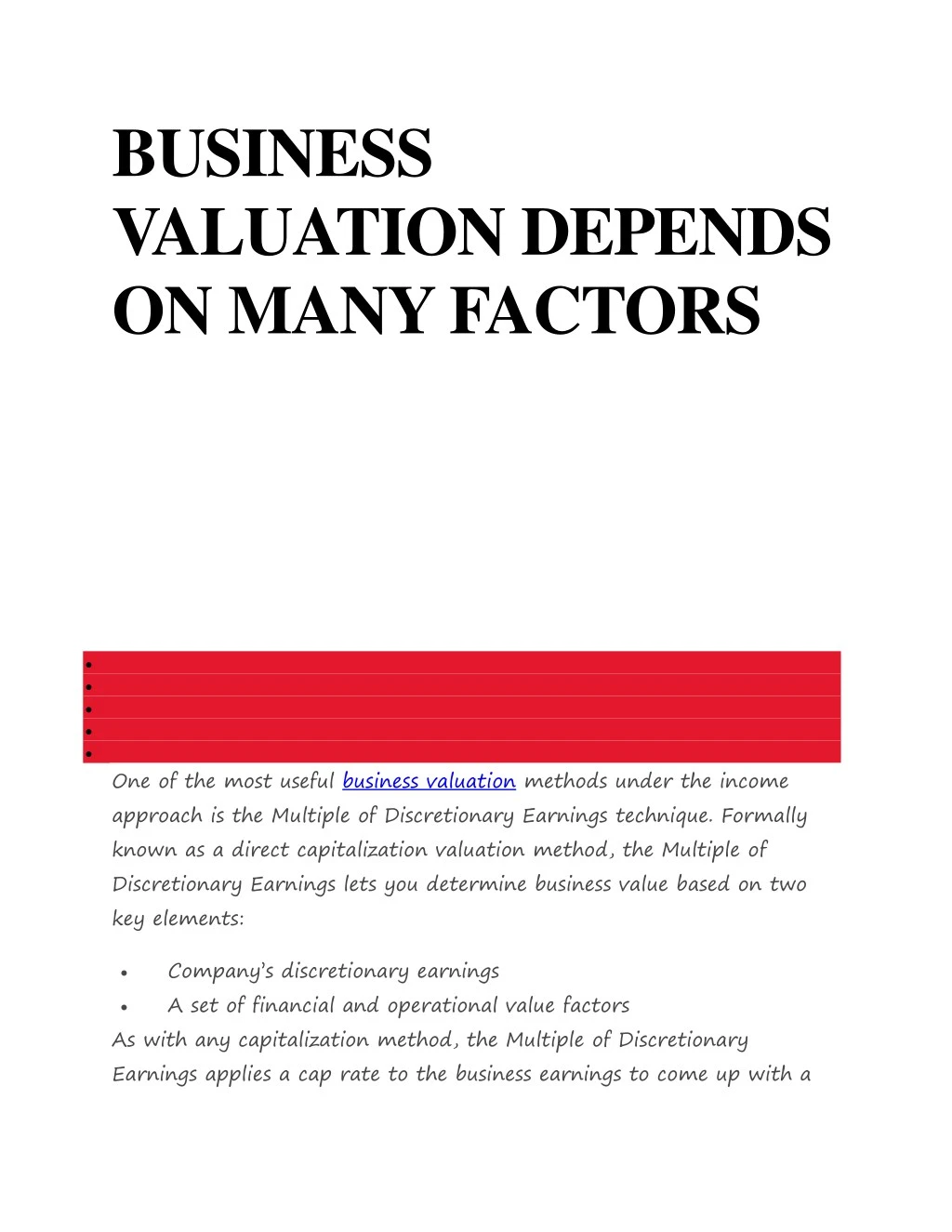 business valuation depends on many factors