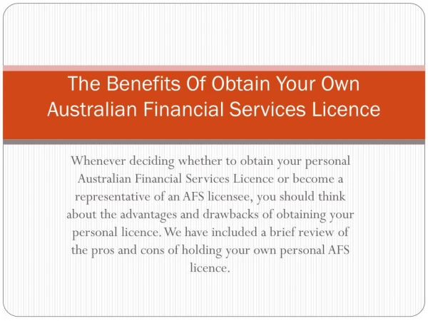 The Benefits Of Obtain Your Own Australian Financial Services Licence